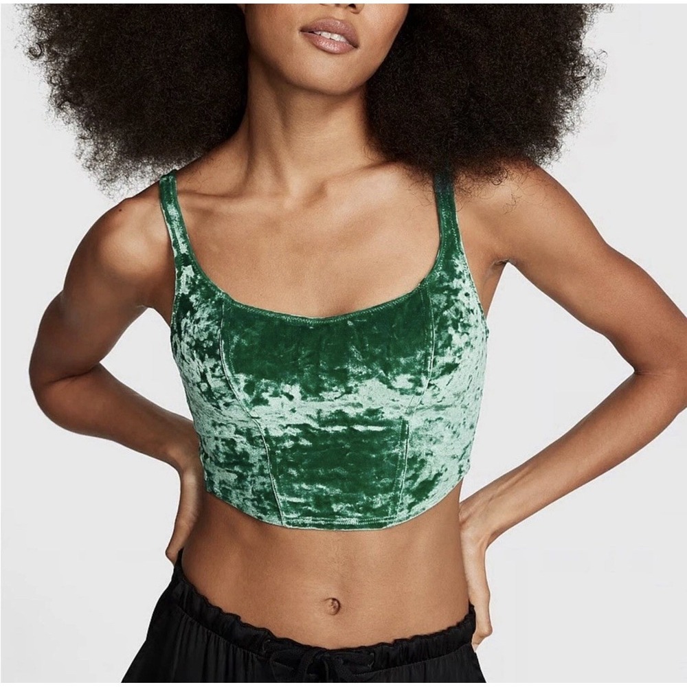 New Victorias Secret PINK Velvet Lined Corset Top Bra Green Small Festival